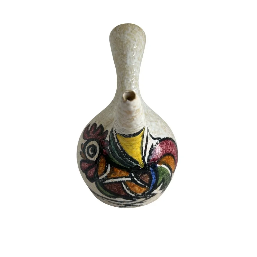 Mid‎ Century Modern Italian Pottery Vase Rooster Motif Textured Glaze Handmade